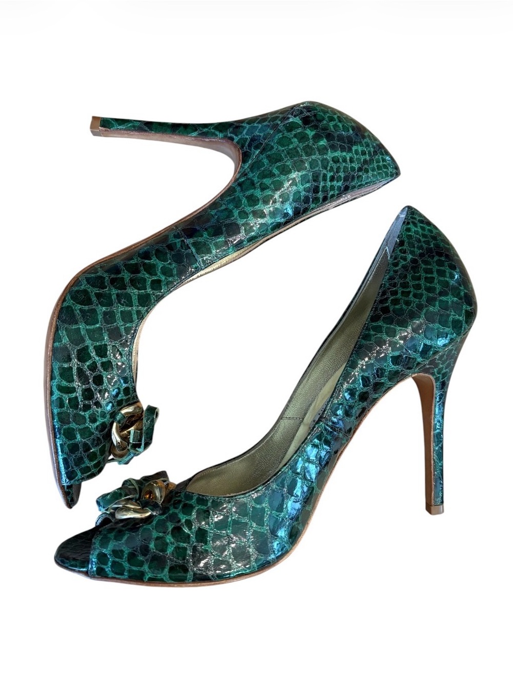 Luciano Padovan Snake-Embossed Leather Peep Toe Green Pumps – Size 38 / US 7.5